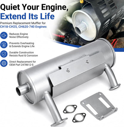 Lawn Mower Muffler Kit Replacement for Kohler CH18-CH25 CH620-740 Engines Replace 24 786 12-S 2478612-S 24-786-12-S 22-24HP Engine Muffler