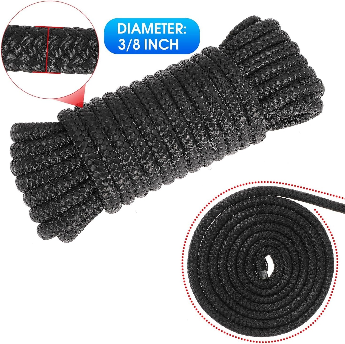Boat Dock Lines 2 Pack 3/8" x 20FT Boat Lines Nylon Marine Rope for Boats Double-Braided Bumper Rope Boat Lines for Docking Boat Lines Dock Ties