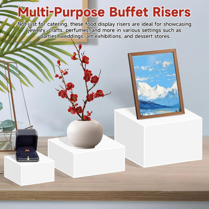 frtzal 4PCS Food Risers for Buffet Table Display Stand for Catering Dessert Matte black Cube Boxes Nesting Risers with Hollow Bottoms (White, L-8,19,10,12)