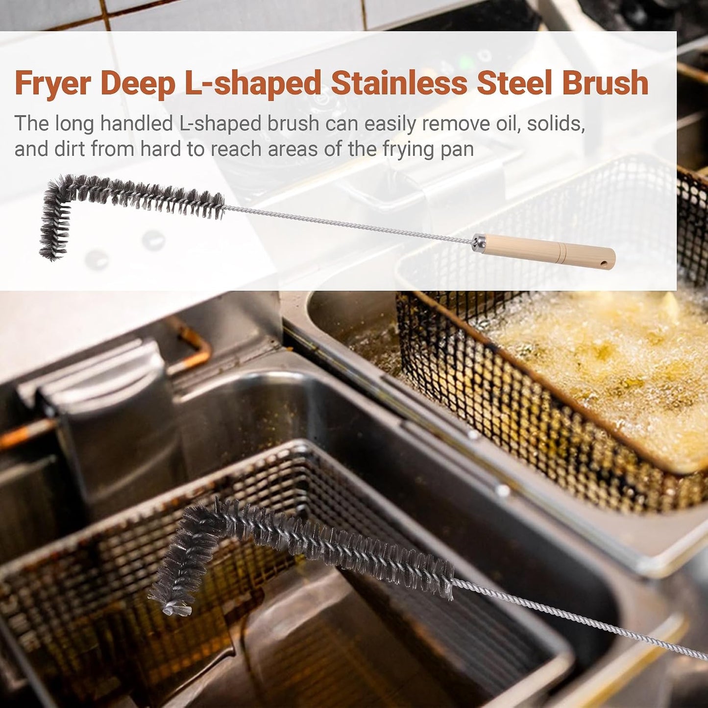 3 PCS Fryer Cleaning Tools, Deep Fryer Stainless Steel L-Shaped Brush, Cleanout Rod, Long Handle Basket Brush for Air Fryers, Deep Fryers