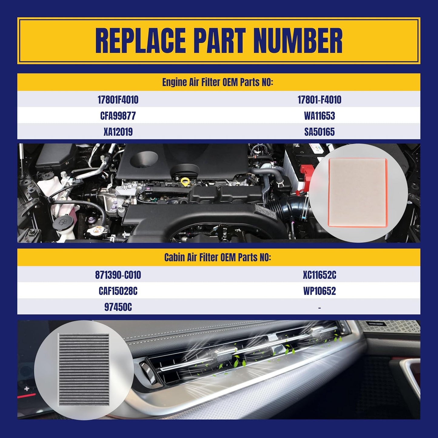 Engine and Cabin Air Filter for Toyota Tundra 3.4L Gas Hybrid 2022-2025, for Sequoia 3.4L Hybrid 2023-2025 Replace 17801-F4010 871390-C010