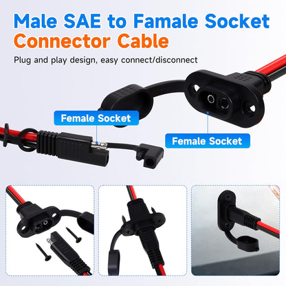 1FT 12AWG SAE Quick Connector Harness, 12 AWG 12 Gauge SAE Power Socket Sidewall Port Connector Male to Female Socket Cable with Dust Cover for Solar Panel, Generator, Battery Charger (12AWG 1FT)