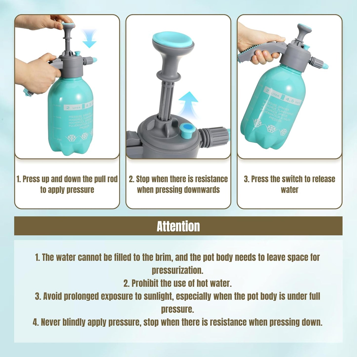 2L (0.5Gal) Handheld Manual Garden Sprayer Water Mist Spray Bottle Adjustable Brass Nozzle Safety Valve Handheld Pressure Pump for Plants, Lawn Care, Home