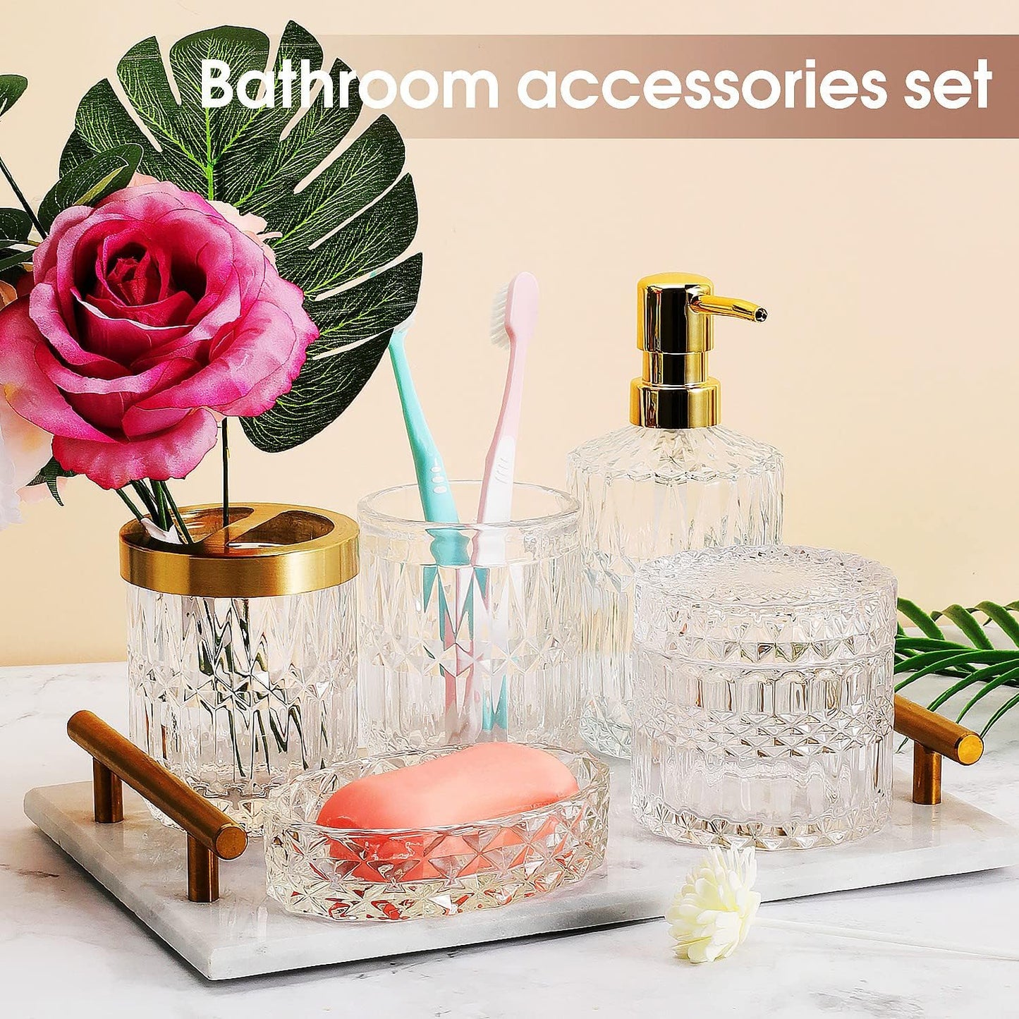 5Pcs Glass Bathroom Accessories Complete Set, Lotion Dispenser, Soap Dish, Toothbrush Holder, Tumbler, Cotton Swab Jars, Modern Bathroom Decor and Gift Set (White)