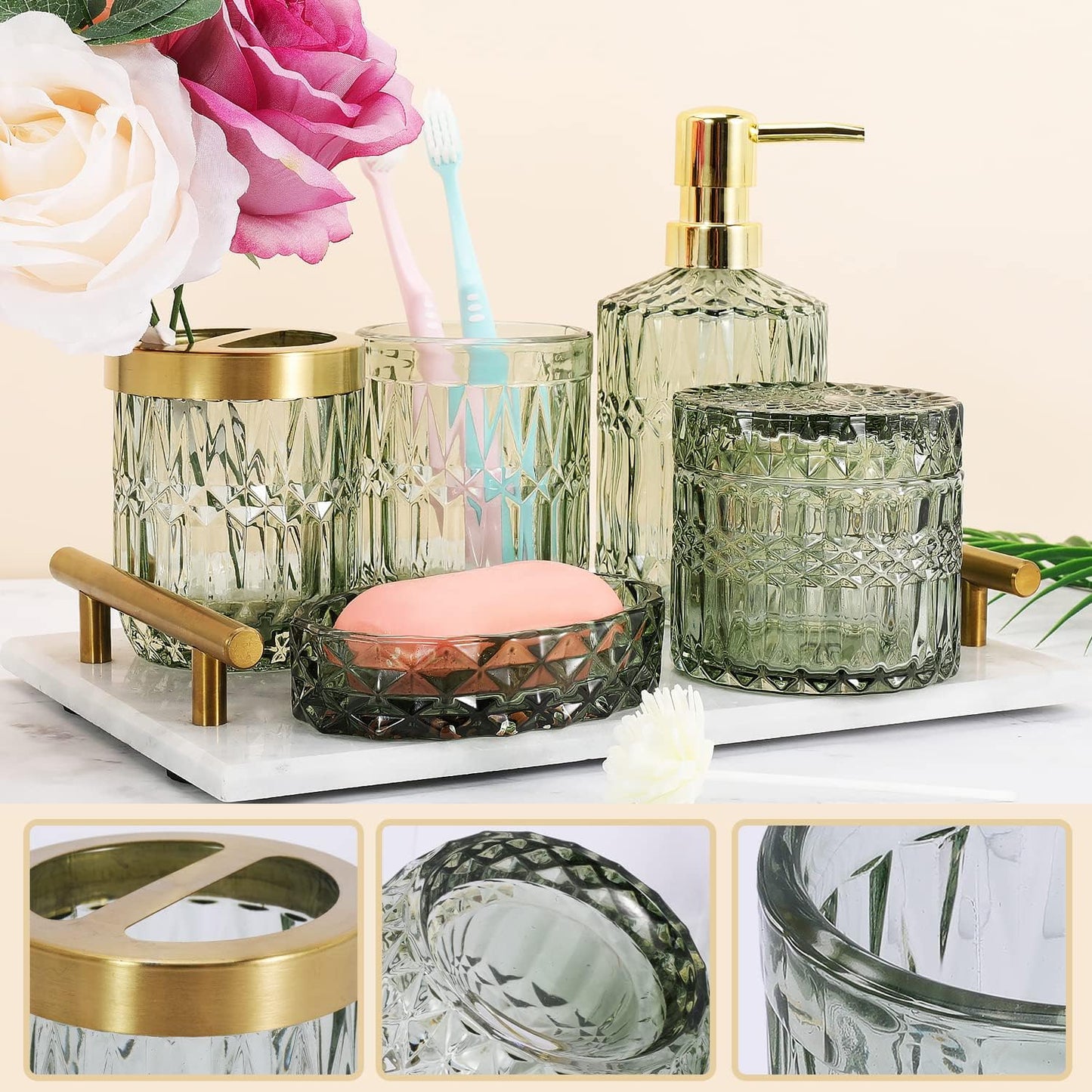 Bathroom Accessories Set,5Pcs Glass Bathroom Accessories Set, Lotion Dispenser, Soap Dish, Toothbrush Holder, Tumbler, Modern Bathroom Decor, Gift for Home Apartment (Green)