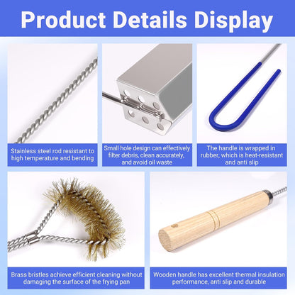 4 PCS Fryer Cleaning Tools with Deep Fryer Brass L-Shaped Brush, Deep Fryer Crumb Scoop, Deep Fryer Cleanout Rod, Long Handle Deep Basket Brush for Restaurants, Air Fryers, Deep Fat Fryers