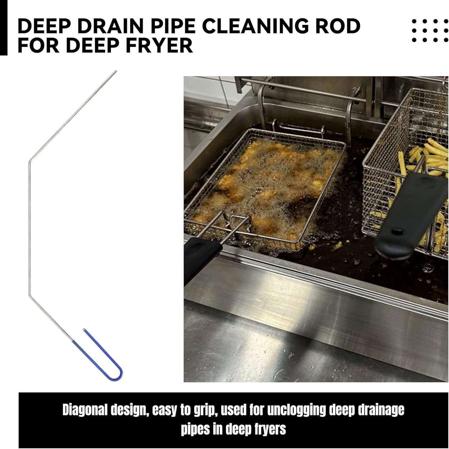 4 Pcs Fryer Cleaning Tools, L Shaped Stainless Steel Bristles Fryer Deep Cleaning Brush, Deep Fryer Crumb Scoop, Fryer Deep Cleanout Rod, Long Handle Fryer Basket Brush for Restaurant Air Fryer