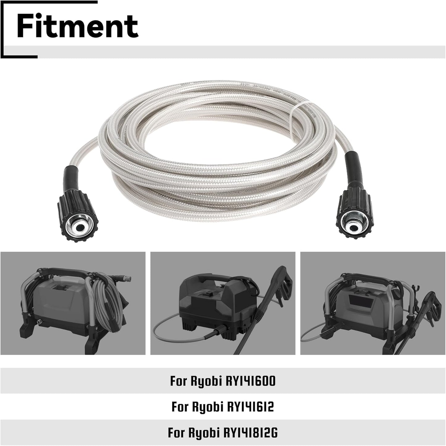 308835074 Pressure Washer Hose Replacement for Ryobi RY141600 RY141612 RY141812G Electric Power Washer, 25FT Pressure Braided Hose (M22-14mm)