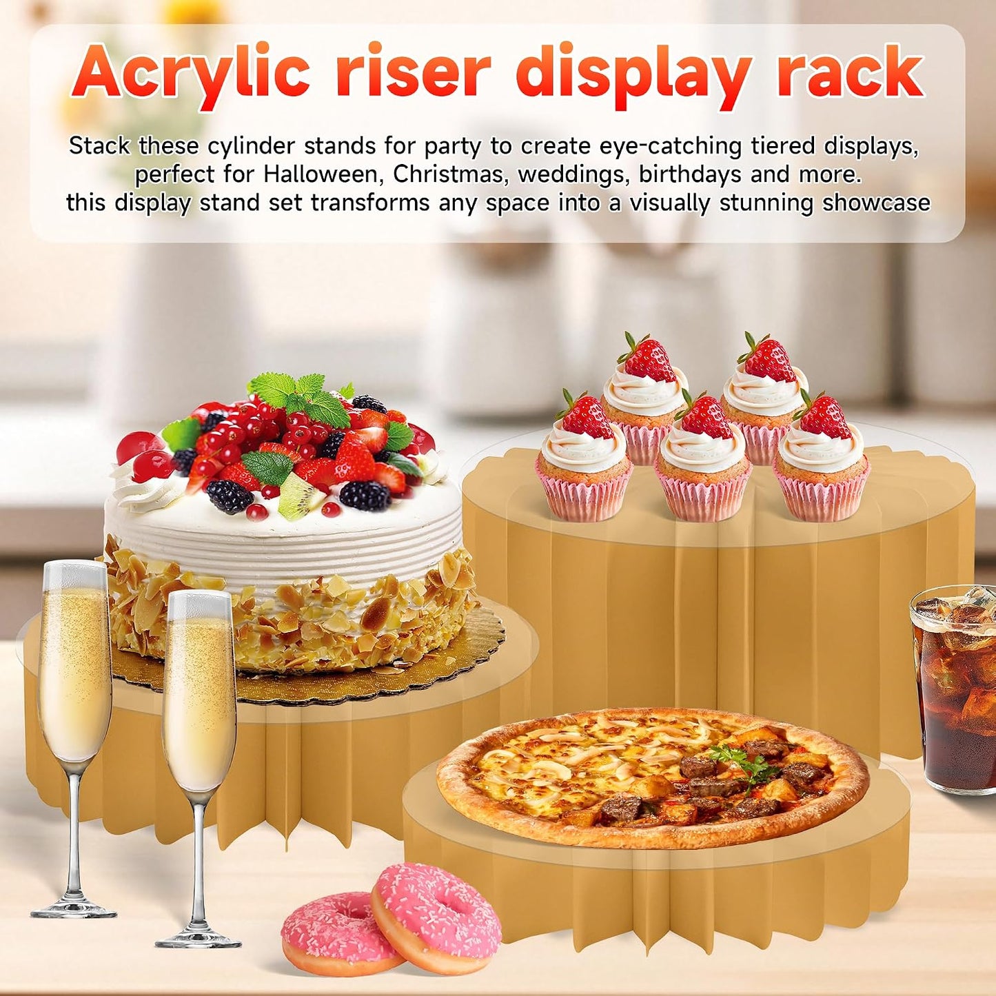 4-Pack Buffet Risers |Food Risers for Buffet Table,Black able Acrylic Risers Display Stands for Party | Cake Stand for Wedding, Birthday & Festive Tables (glod, 4 park)