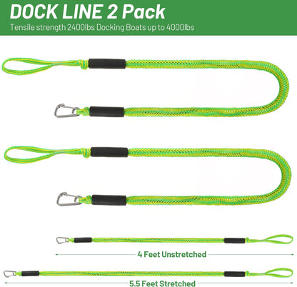 Boat Bungee Dock Lines Marine Mooring Rope with Stainless Steel Clip Bungee Cord Docking Lines for Boat Bungee Docking Ropes for Kayak,Pontoon,Canoe (Green-2)