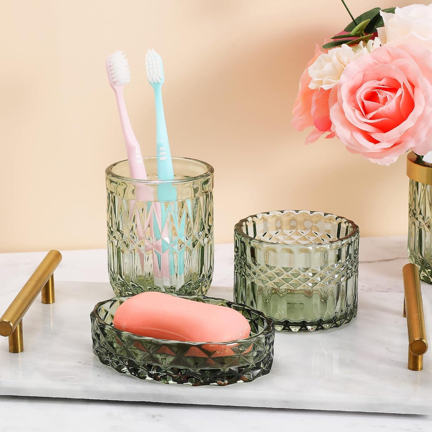 Bathroom Accessories Set,5Pcs Glass Bathroom Accessories Set, Lotion Dispenser, Soap Dish, Toothbrush Holder, Tumbler, Modern Bathroom Decor, Gift for Home Apartment (Green)