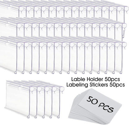 50pcs Labels for Storage Bins Plastic Label Clip, Basket Labels Clip On Wire Shelf Price Label Holder Merchandise Sign Display Holder, 50pcs Label Insert Included (2.36IN*1.57IN)