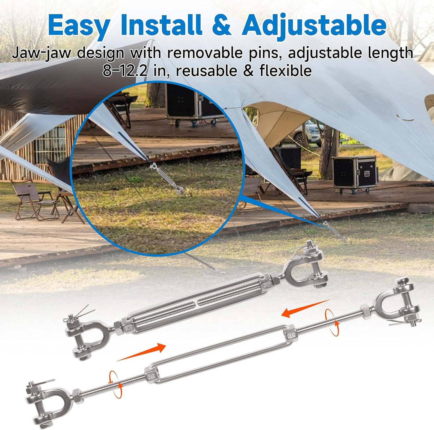 1/4" 304 Stainless Steel Jaw and Jaw Turnbuckle, Adjustable Small Turnbuckle Tensioner, Cable Tensioner, 1140 LBS Working Load Limit, Turnbuckles for Cables Wire Clothesline Shade Sail (M6-1/4-2pcs)