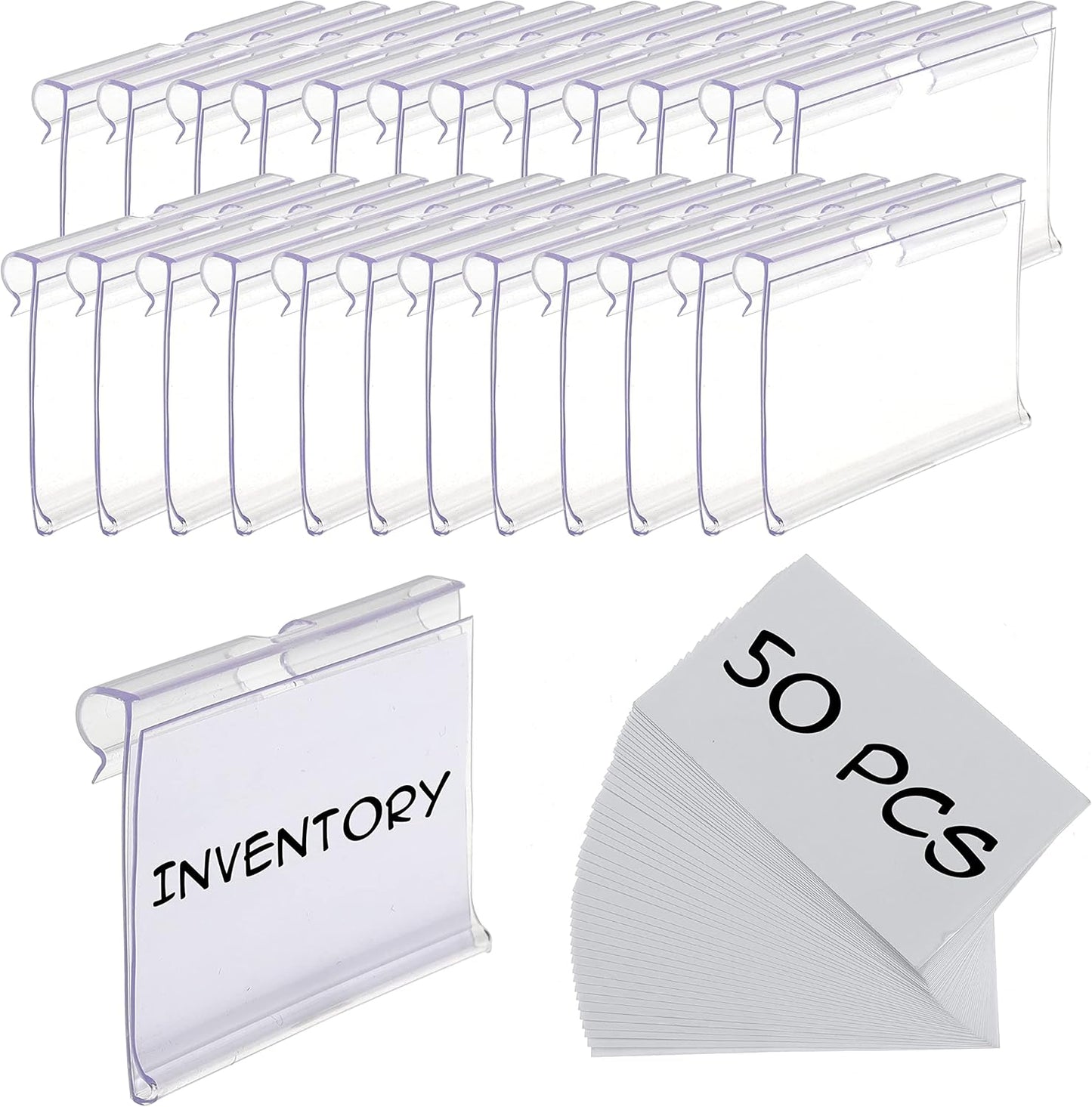 50pcs Labels for Storage Bins Plastic Label Clip, Basket Labels Clip On Wire Shelf Price Label Holder Merchandise Sign Display Holder, 50pcs Label Insert Included (2.36IN*1.57IN)