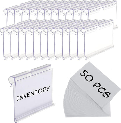 50pcs Labels for Storage Bins Plastic Label Clip, Basket Labels Clip On Wire Shelf Price Label Holder Merchandise Sign Display Holder, 50pcs Label Insert Included (3.15IN*1.57IN)