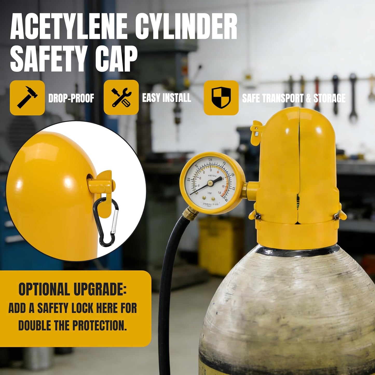 Acetylene Cylinder Regulator Protector Safety Cap 3-1/8” x 11 High Pressure Gas Cylinder Tank Valve Protection Cap, Fall-Proof Steel Gas Cylinder Cap for Storage Transport