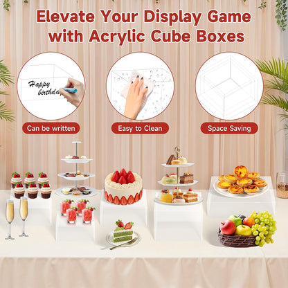 frtzal 6PCS Food Risers for Buffet Table Display Stand for Catering Dessert Matte black Cube Boxes Nesting Risers with Hollow Bottoms (Transparent, M-6,7,7.5.8,9,10)