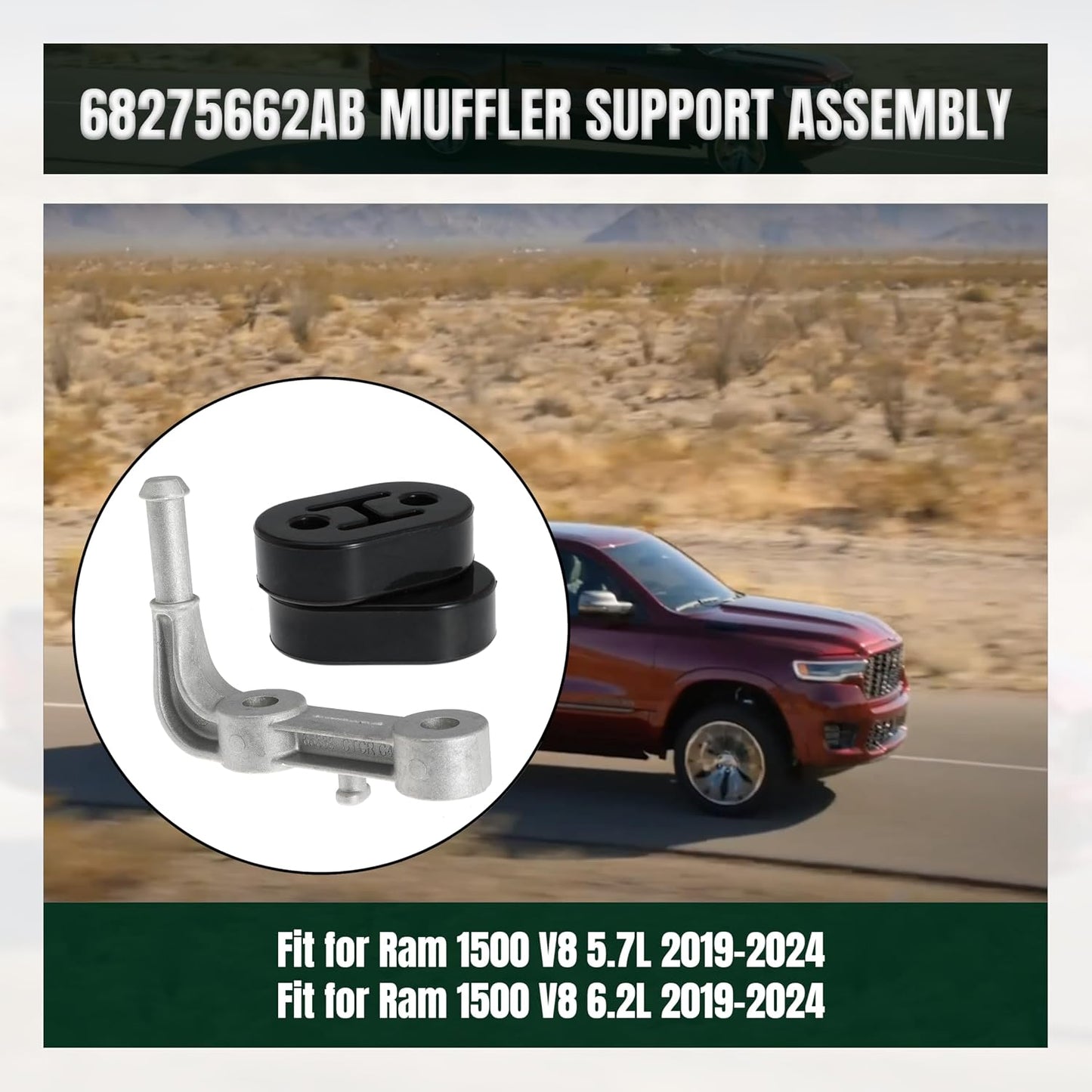 68275662AB Rear Left Exhaust Bracket Driver Side Muffler Support Assembly for Ram 1500 5.7 6.2 2019-2024 5.7L 6.2L with 2pcs Rubber Exhaust Hanger Insulator Support Bushing
