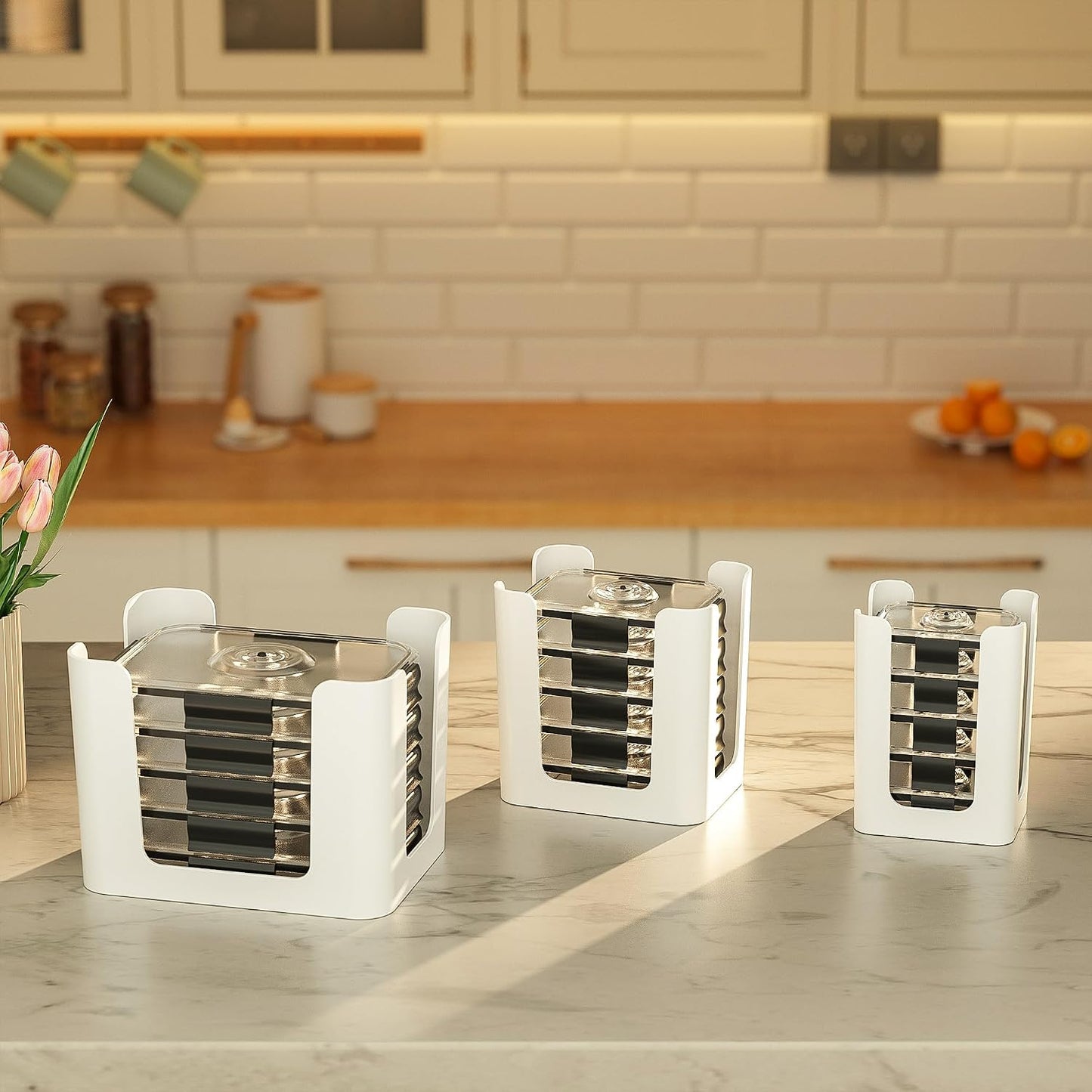 frtzal Food Container Lid Organizer,3-Pack – Compatible with Rubbermaid Brilliance Snap-On Lids, Stackable Lid Holder Rack, Kitchen Storage Holder 4.7 Cup,3.2 Cup,1.3 Cup. 0.5 Cup Container (white)