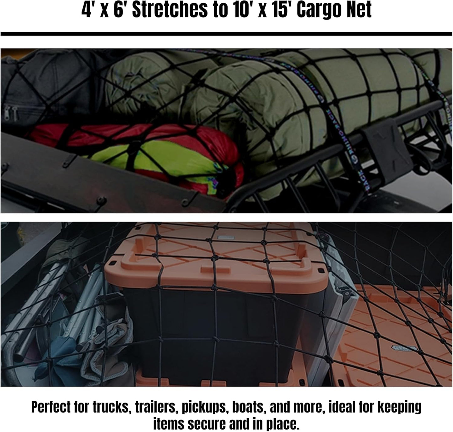 Black Polyester Cargo Net for Truck Bed, 4' x 6' to 10' x 15', Carabiner and Buckle Fasteners