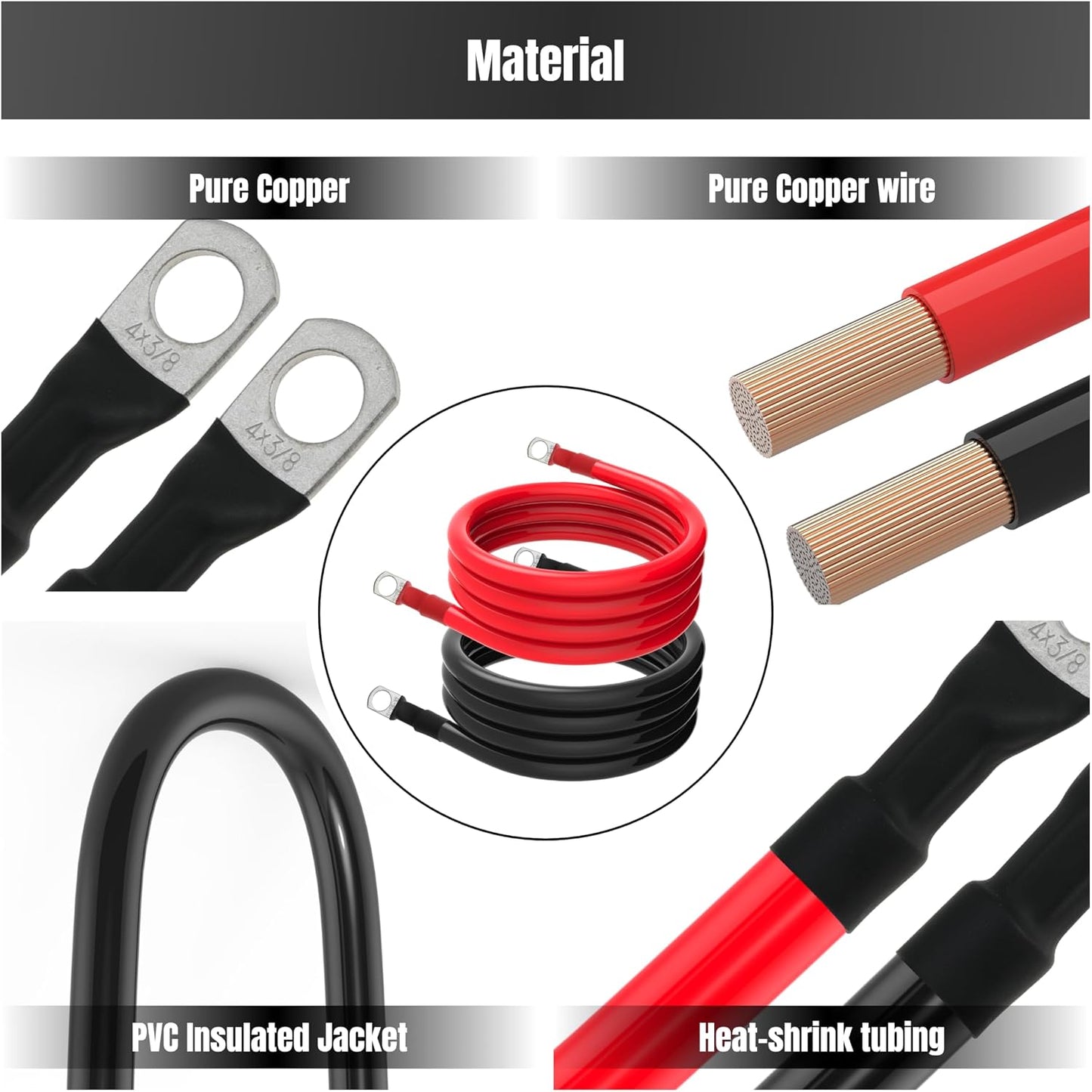 5FT 4 AWG Battery Cable 4 Gauge Battery Cables 4AWG 5 FT Battery Inverter Wires Cables with 3/8 inch Lugs for Solar Power Inverters, RVs, Campers, Travel Trailers, Cars, 2 Pairs