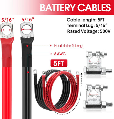 6 AWG Battery Cable 6 Gauge Battery Wires with 5/16 terminals Power Inverter Cables for Solar Boat Marine RV Car (5FT, with 3/8"+5/16" Top Post Set)