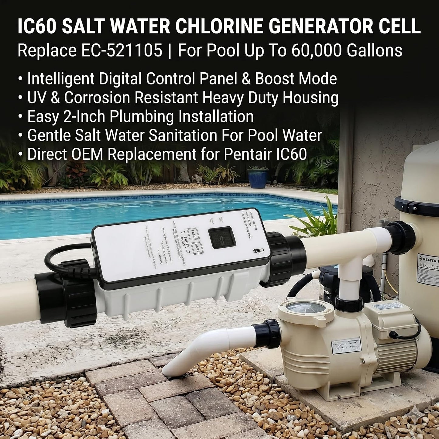 IC60 Salt Cell Saltwater Chlorine Generator Replace EC-521105 521105 Power Center for Pentair IntelliChlor IC60,Salt Chlorinator System for Inground Pools up to 60000 Gallons