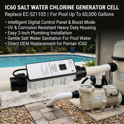 IC60 Salt Cell Saltwater Chlorine Generator Replace EC-521105 521105 Power Center for Pentair IntelliChlor IC60,Salt Chlorinator System for Inground Pools up to 60000 Gallons