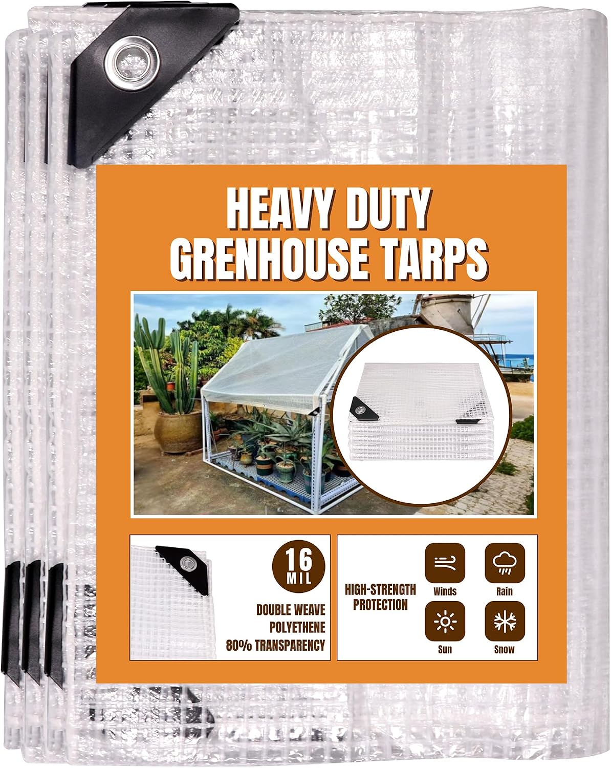 16Mil Greenhouse Cover, 14x18 FT Clear Heavy Duty Greenhouse Tarp, UV Resistant Waterproof Green House Plastic Covering with Grommets for Garden, Farms, Nursery (Cover-GRH-10X10FT)
