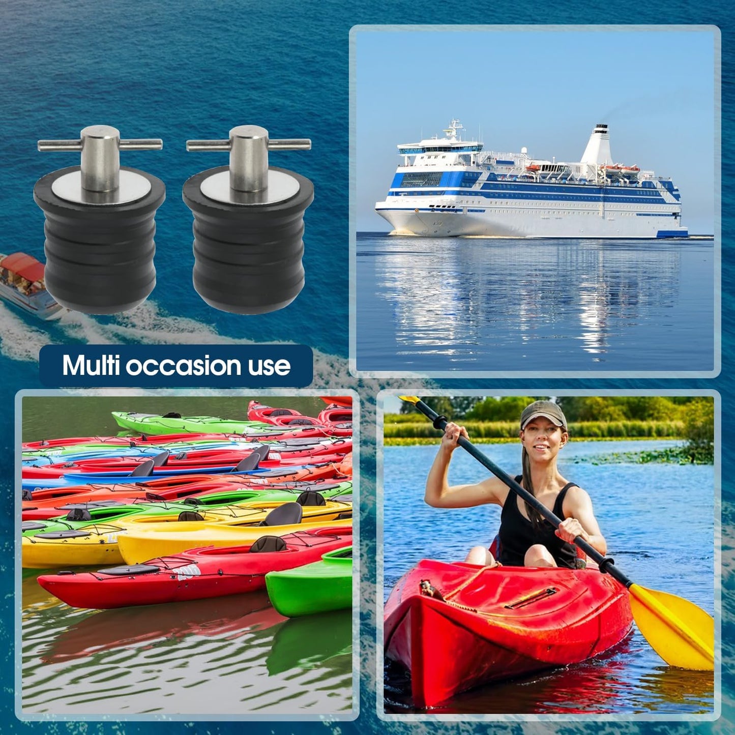 4 Pcs Boat Plug Snap Plugs T Handle Boat Drain Plug Rubber Plugs with Brass/Stainless Steel Handle Marine Twist Plug Boat Accessories (Stainless Steel, 1.25 Inch)