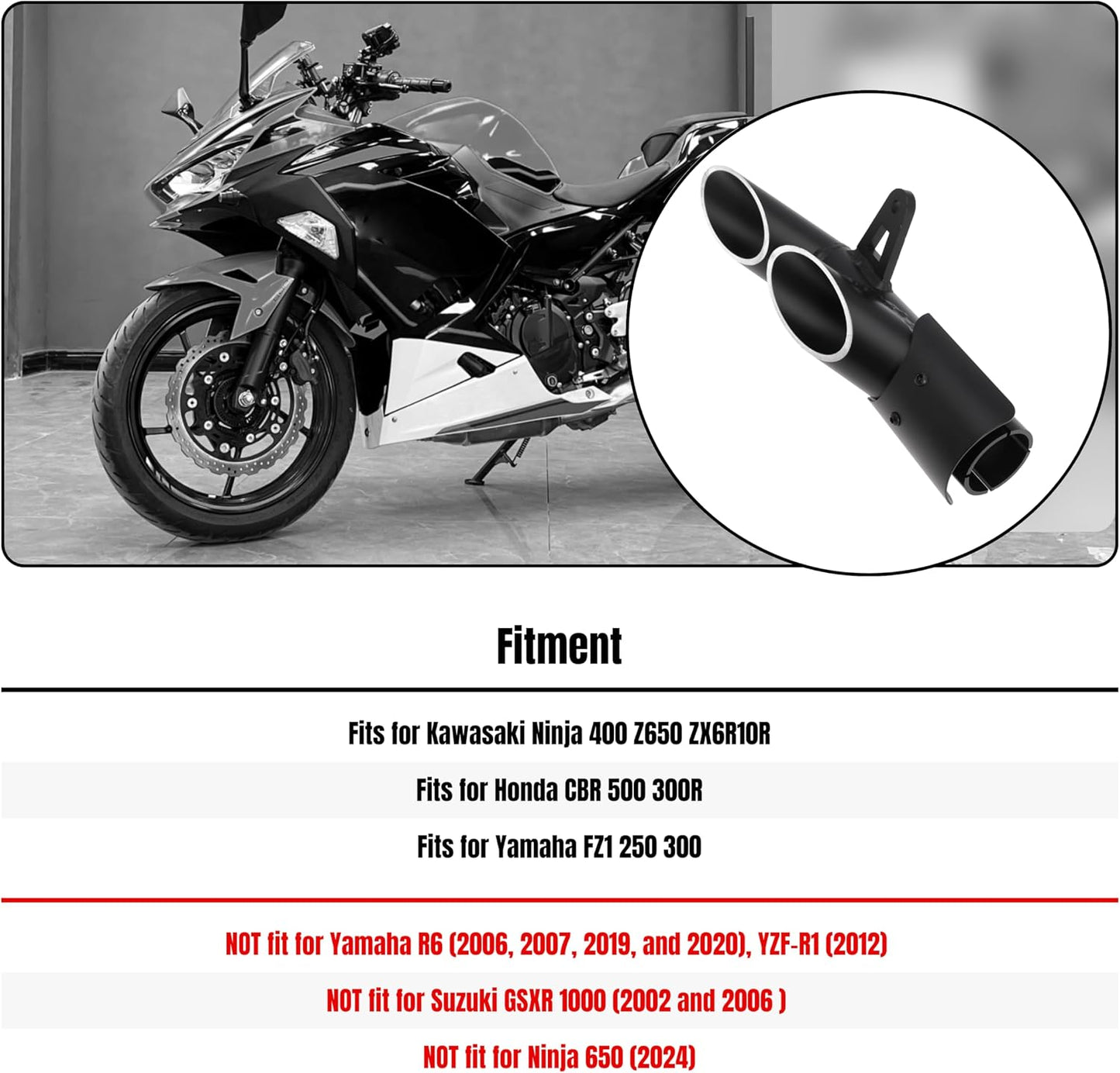 38mm-51mm Slip on Exhaust Tips, 1.5-2" Motorcycle Muffler Tip Pipe with Dual Outlet for Kawasaki Ninja 400 Z650 ZX6R10R, for Honda CBR 500 300R, for Yamaha FZ1 250 300