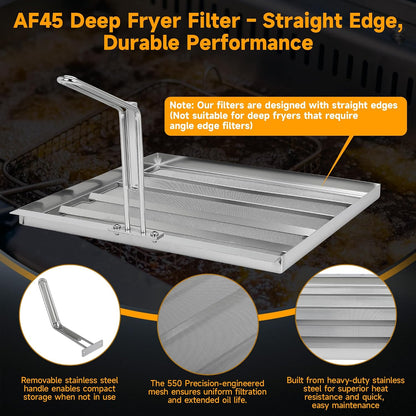Commercial Deep Fryer Oil Filter Screen AF45 with Thermometer 550 Micron Mesh, 13.75" x 13.75" Straight Edge Design, Extends Oil Life for Restaurant Kitchens (Fryer Oil Filter+Thermometer)