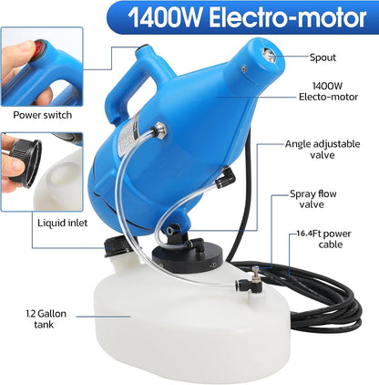 4.5L (1.2 Gallon) Electric ULV Portable Fogger Sprayer Machine Spraying Distance 30ft with 16.4ft Cord Atomizer Mist Cold Fogger for Home,Hotel,Church,School,Lawn and Garden