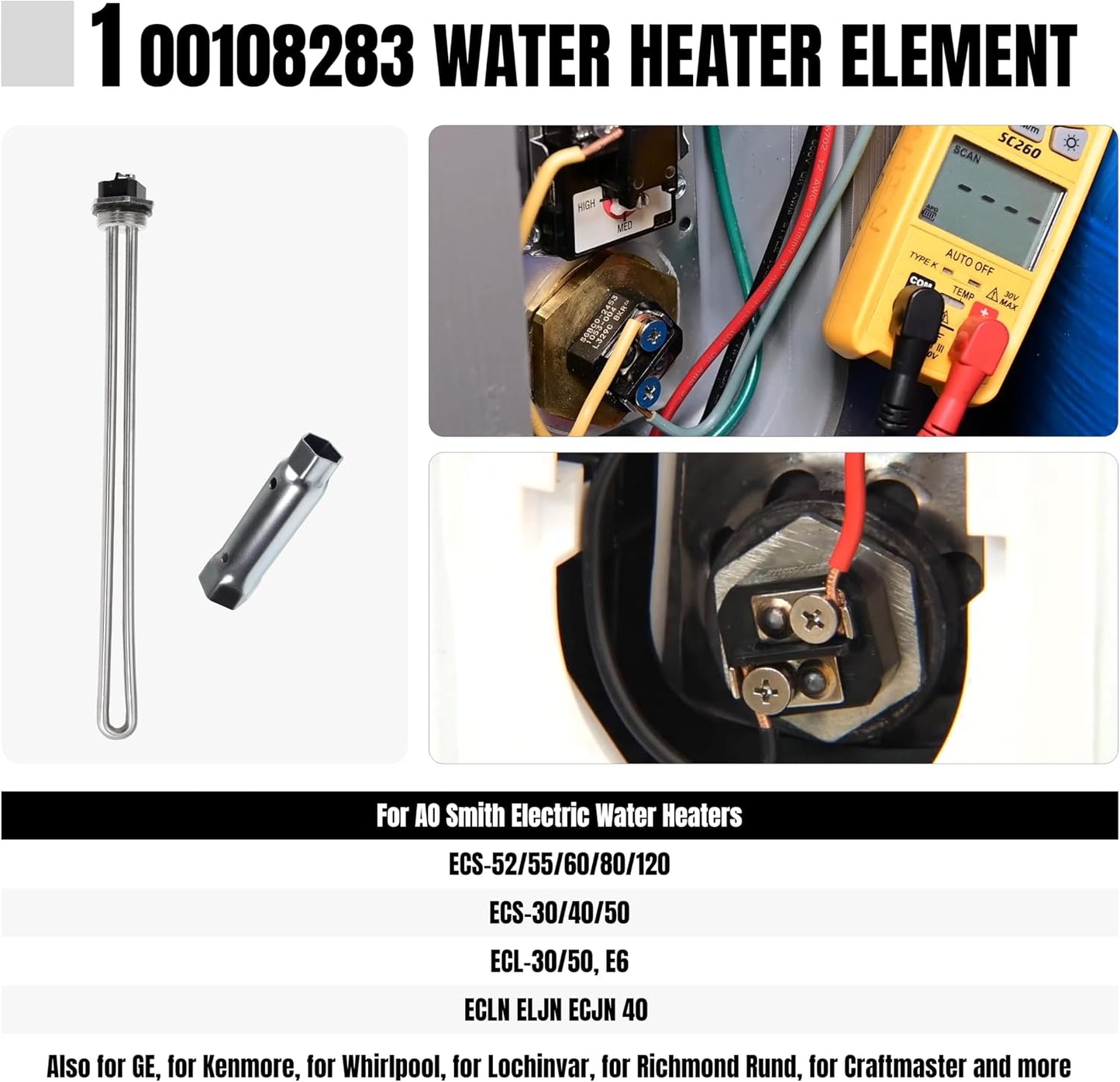 100108283 Water Heater Element for AO Smith ECT 52 55 66 80 120, ECS 30 40 50, ECL 30 50, ECLN ELJN ECJN 40, E6 Replaces 100108284 9000092015 9000092045 Heating Element with Socket, 1PCS