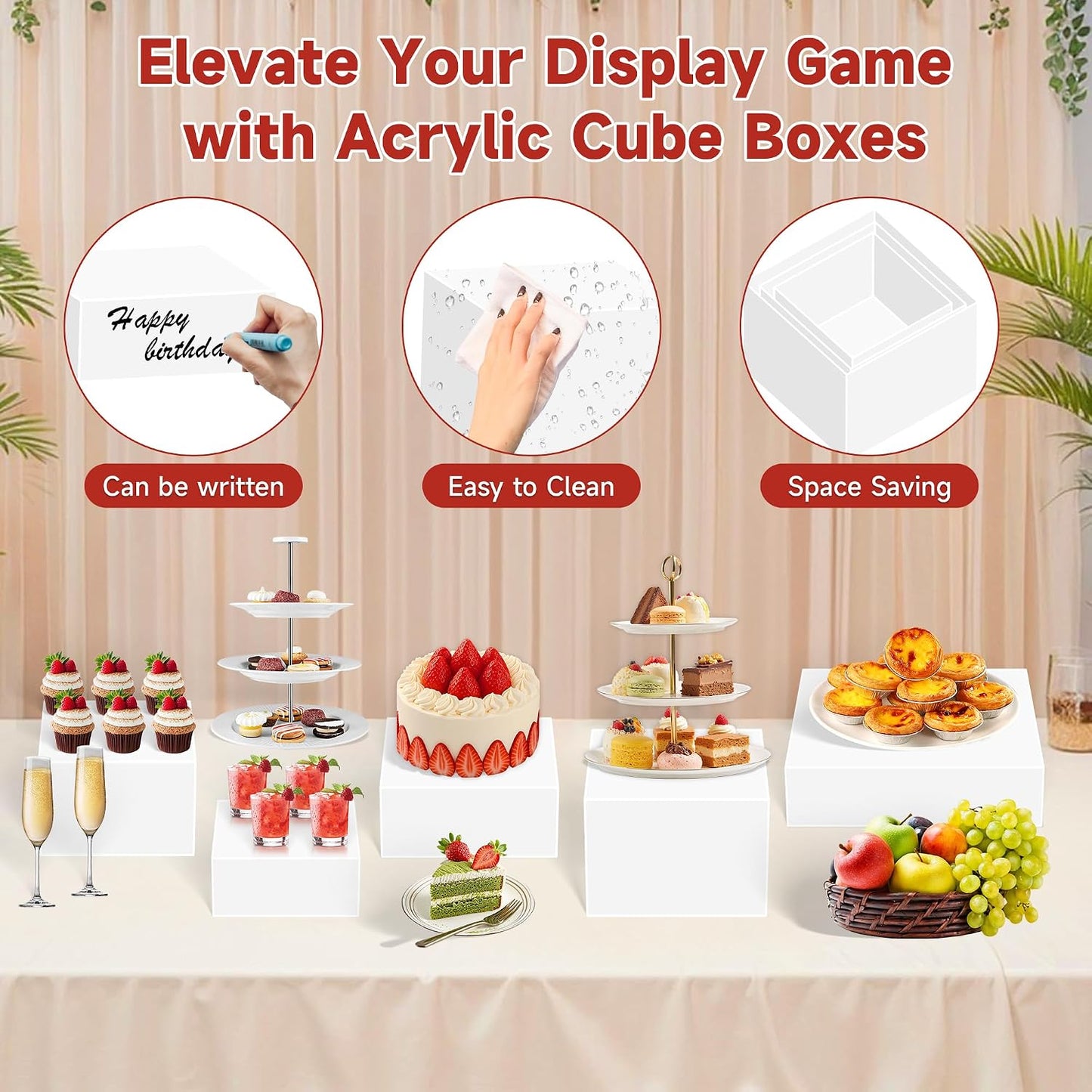 frtzal 4PCS Food Risers for Buffet Table Display Stand for Catering Dessert Matte black Cube Boxes Nesting Risers with Hollow Bottoms (White, L-8,19,10,12)