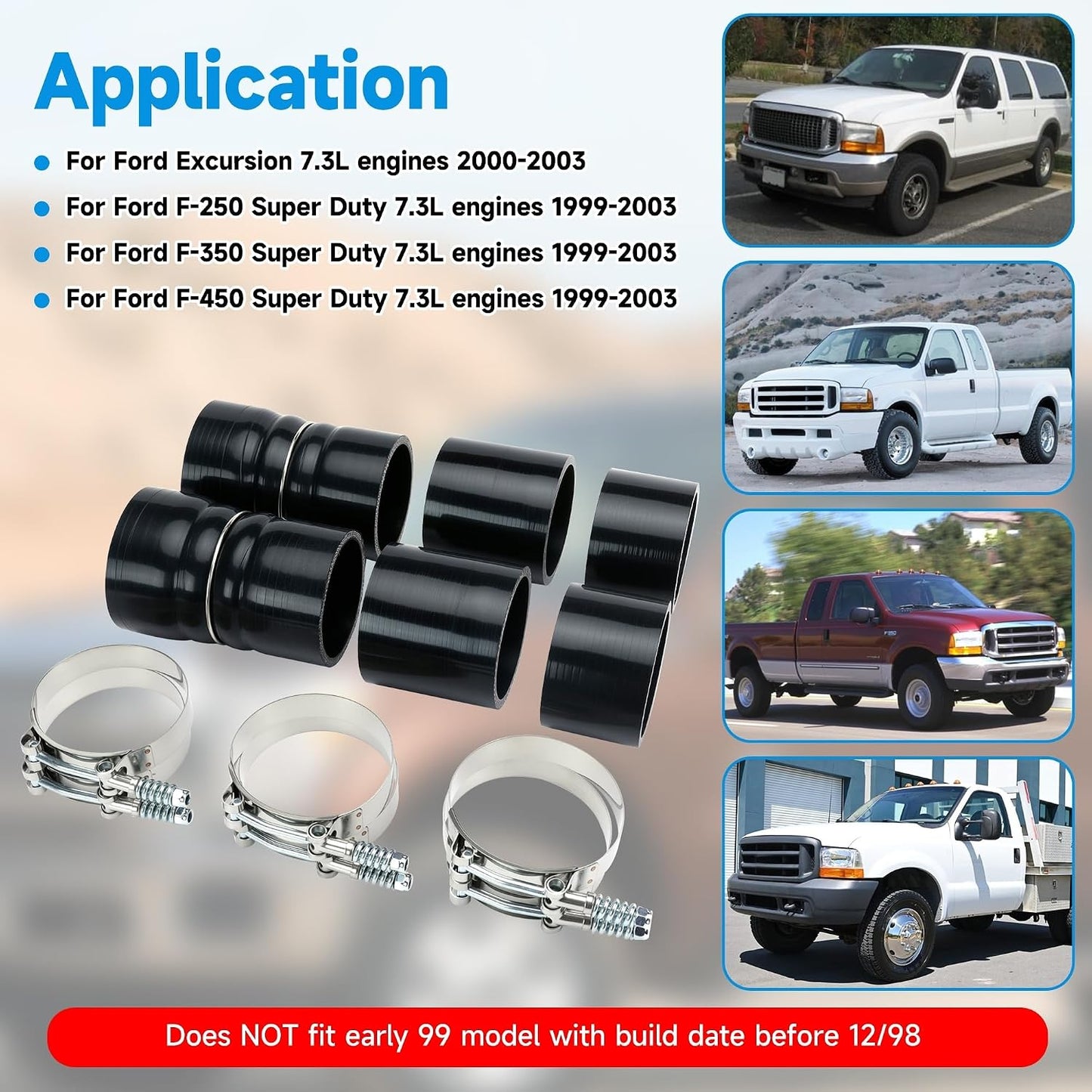 7.3 Silicone Hose Boots Kit for Ford Late 1999-2003 F250 F350 F450 Superduty 7.3L Engines with Clamps