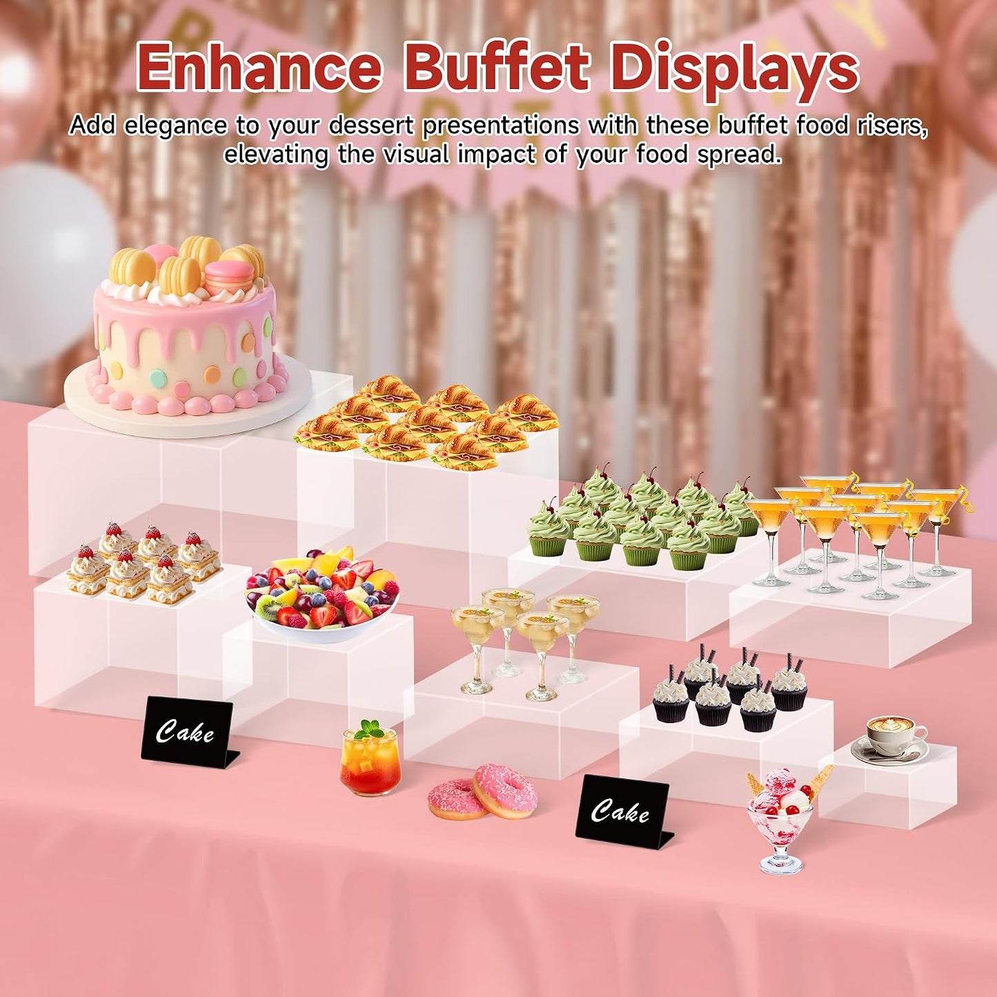 frtzal 6PCS Food Risers for Buffet Table Display Stand for Catering Dessert Matte black Cube Boxes Nesting Risers with Hollow Bottoms (Transparent, M-6,7,7.5.8,9,10)