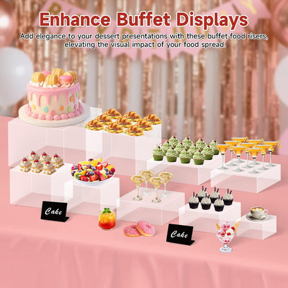 frtzal 6PCS Food Risers for Buffet Table Display Stand for Catering Dessert Matte black Cube Boxes Nesting Risers with Hollow Bottoms (Transparent, M-6,7,7.5.8,9,10)