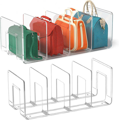 Noleja 2pcs Clear Plastic Purse Handbag Organizer 4 Sections Bag Closet Shelf Divider Purse Display Stand Handbag Storage Organizer Clear Desk File Sorter Stand Holder Bookshelf (2)