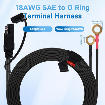 5FT 18AWG SAE Extension Cable, SAE Battery Charger Cord 18 AWG, 2 Pin Quick Disconnect SAE to O Ring Terminal Harness Extension Cord for Solar Batteries Cars Motorcycles, 6pcs