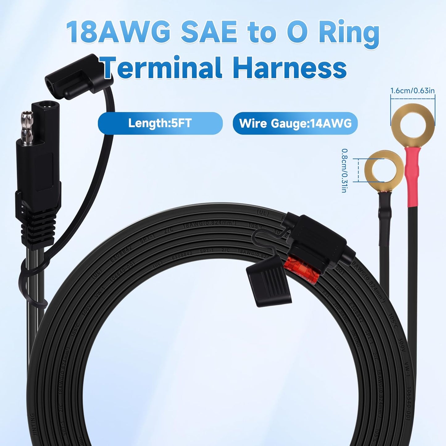 5FT 18AWG SAE Extension Cable, SAE Battery Charger Cord 18 AWG, 2 Pin Quick Disconnect SAE to O Ring Terminal Harness Extension Cord for Solar Batteries Cars Motorcycles, 2pcs