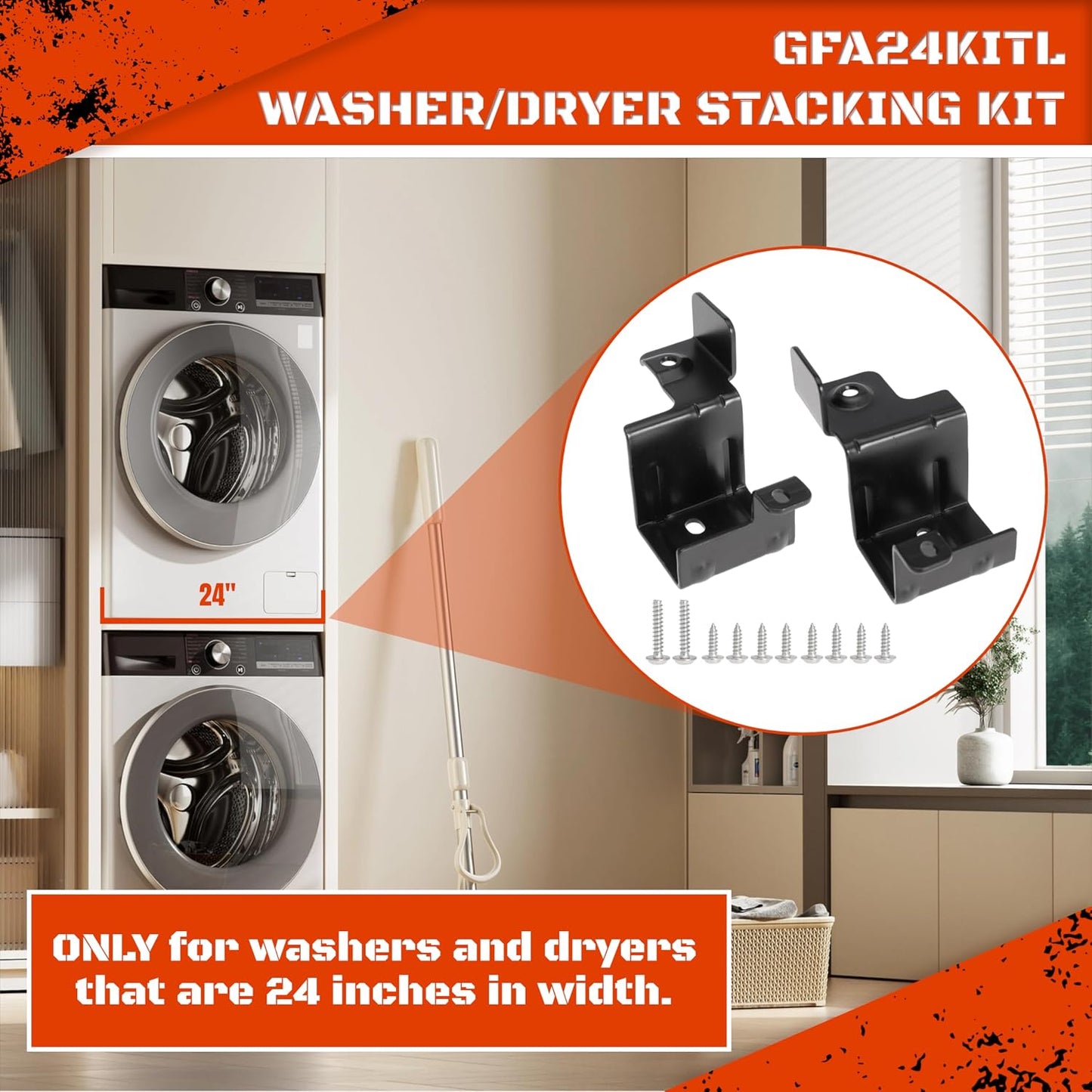 24 Inch Stacking Kit for GE GFA24KITL Washer Dryer Stack Bracket for 24" Front Load Laundry (Set of 1, Black)