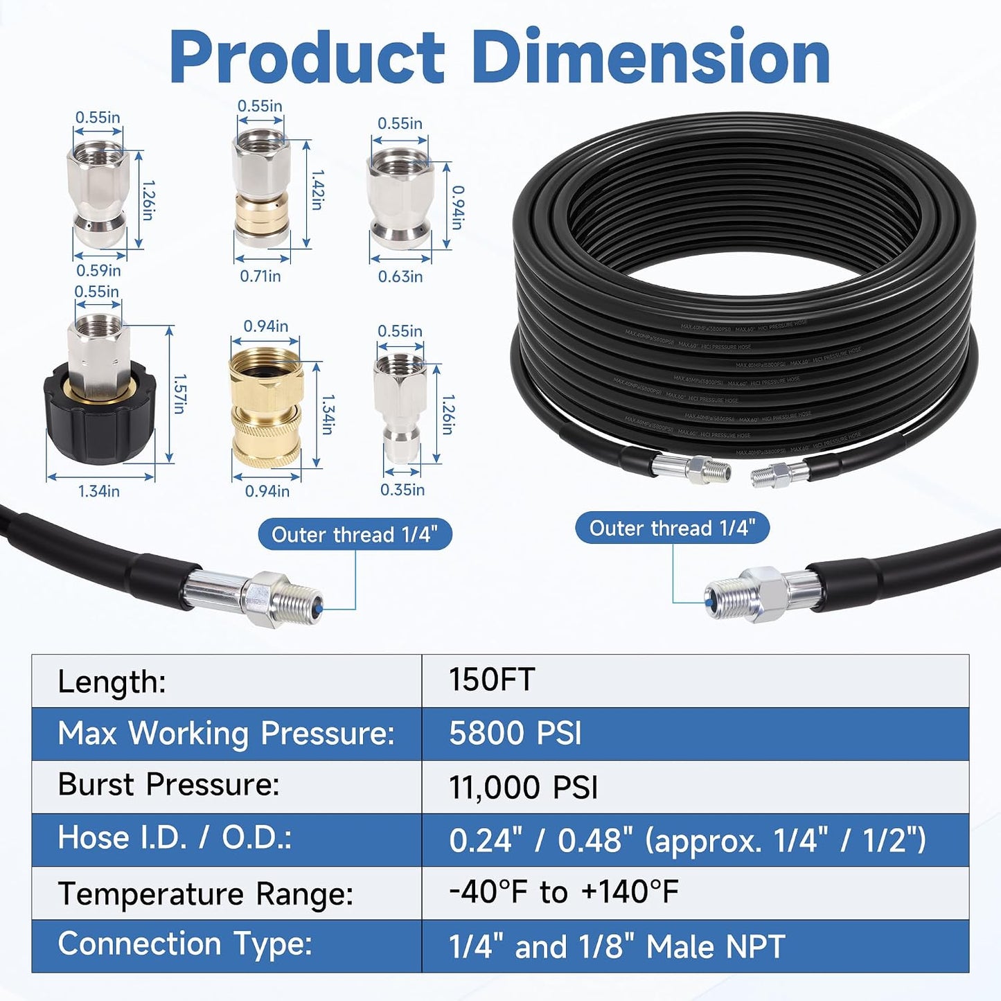 150FT Sewer Jetter Kit for Pressure Washer, 5800PSI, 1/4 Inch NPT Drain Cleaner Hose Sewer Jetting with Rotating Corner Button Nose Nozzle for Pipe Cleaning