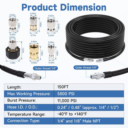 150FT Sewer Jetter Kit for Pressure Washer, 5800PSI, 1/4 Inch NPT Drain Cleaner Hose Sewer Jetting with Rotating Corner Button Nose Nozzle for Pipe Cleaning