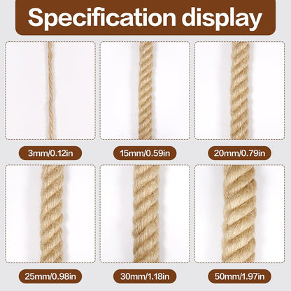 Jute Rope, 20mm Thick Twisted Manila Ropes,Tug of War Rope, Natural Heavy Duty Hemp Rope for Swing Bed, Crafts, Railing, Tug of War, Home Decorating (20mm,50ft)