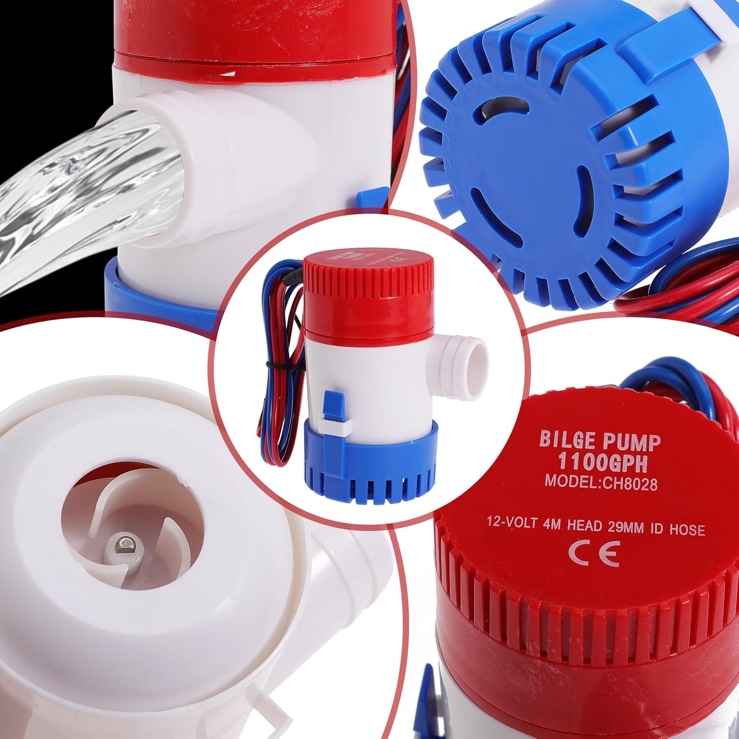 Boat Bilge Plumbing Kit 1-1/8 Inch Dia 12V Non-automatic Bilge Pump kit 1100 GPH with 6FT PVC Bilge Pump Hose (Straight Elbow)