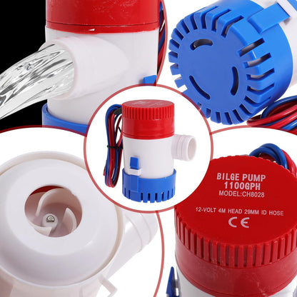 Boat Bilge Plumbing Kit 1-1/8 Inch Dia 12V Non-automatic Bilge Pump kit 1100 GPH with 6FT PVC Bilge Pump Hose (90 Degree Elbow)