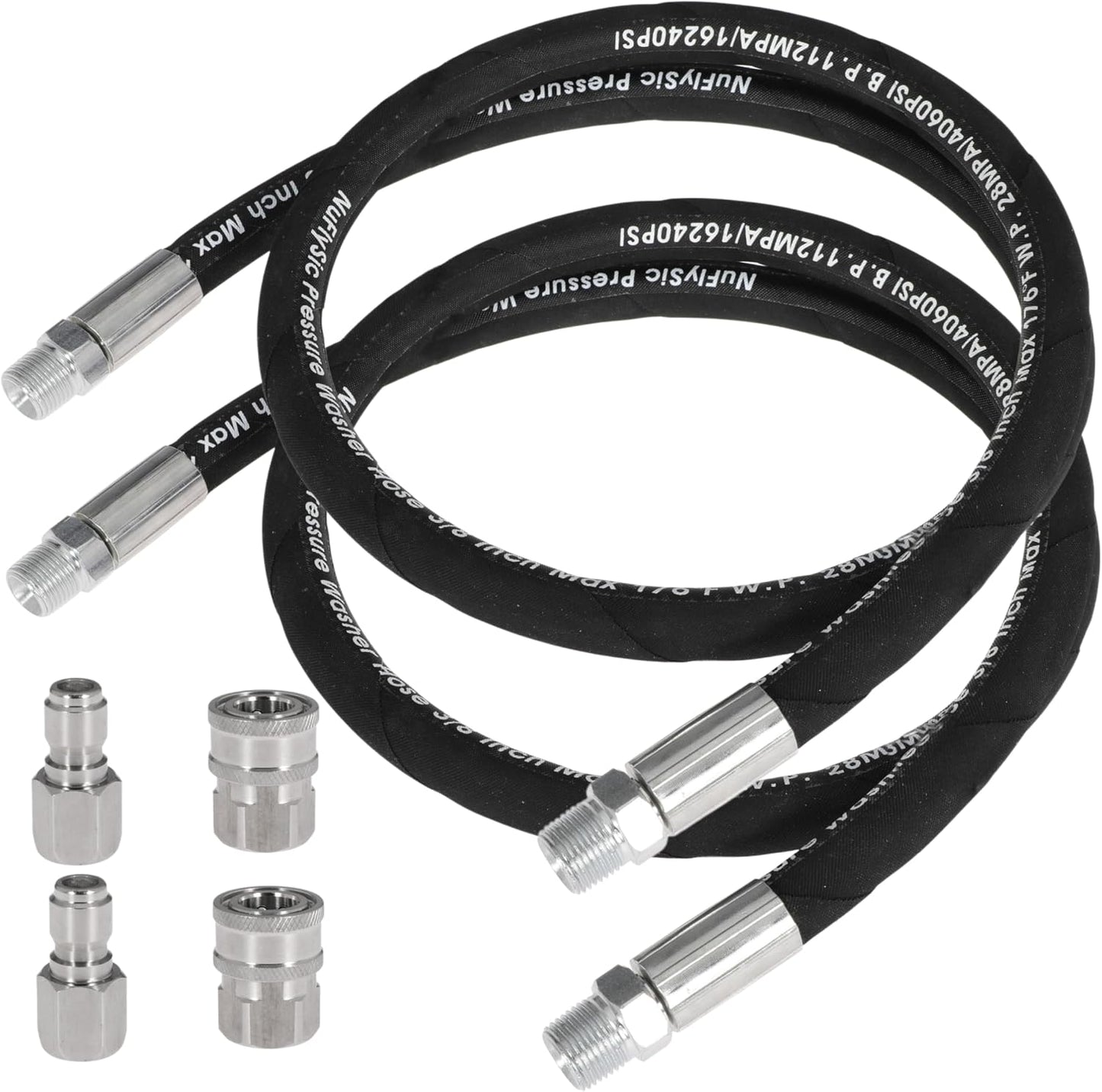 Pressure Washer Whip Hose Power Washer Jumper Hose for Pressure Washing with Steel Connector 3/8 Inch NPT Quick Connect Plug Hose Reel Connector Hose, 4000 PSI, 12FT, 2PCS