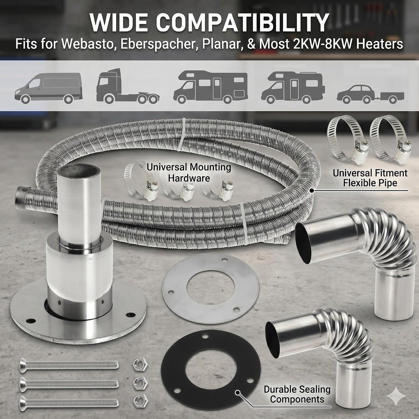 Diesel Heater Exhaust Kit - Exhaust Pipe, Straight Thru Hull Fitting and 24mm Elbow Tube Connector Set, Compatible with Webasto Eberspacher Heaters