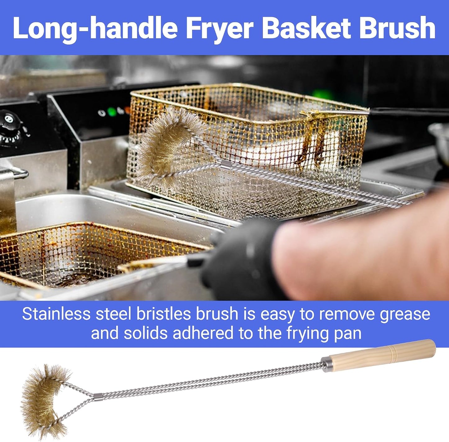 3 PCS Fryer Cleaning Tools with Deep Fryer Brass L-Shaped Brush, Deep Fryer Cleanout Rod, Long Handle Deep Basket Brush for Restaurants, Air Fryers, Deep Fat Fryers